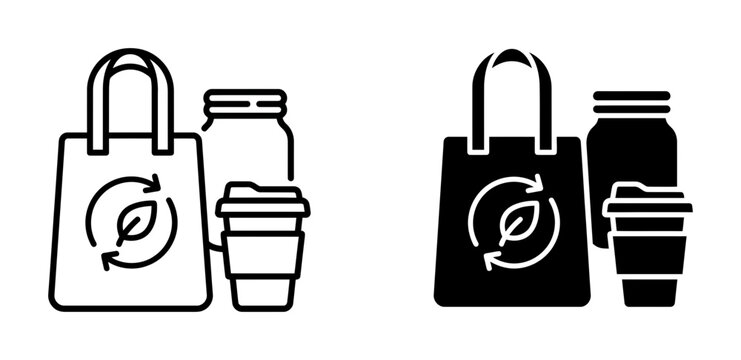 2 Zero Waste icons eco shopping bag glass jar and coffee cup, outline solid styles, UI and web interface design