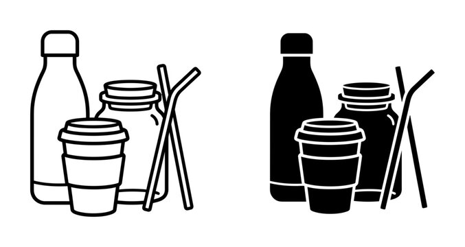 2 Zero Waste icons reusable bottle, coffee cup, glass jar and straws, outline solid styles, UI and web interface design