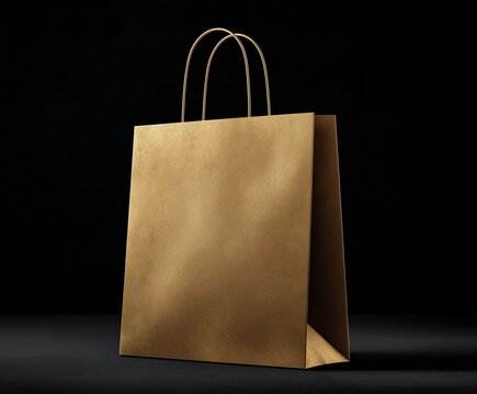 Gold paper shopping bag mockup on dark background with natural minimal aesthetic
