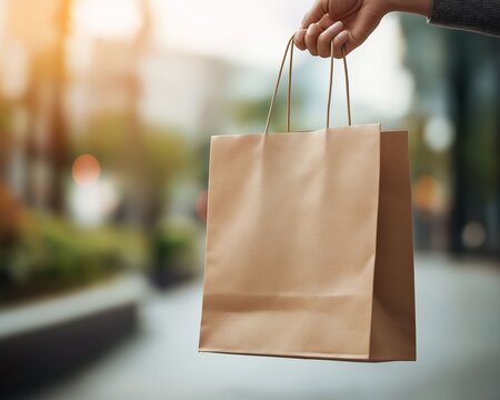 Kraft paper shopping bag held in hand outdoors with soft city background