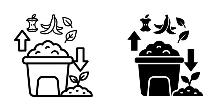 2 Compost icons organic waste bin, apple core, banana peel and soil, outline solid styles, UI and web interface design