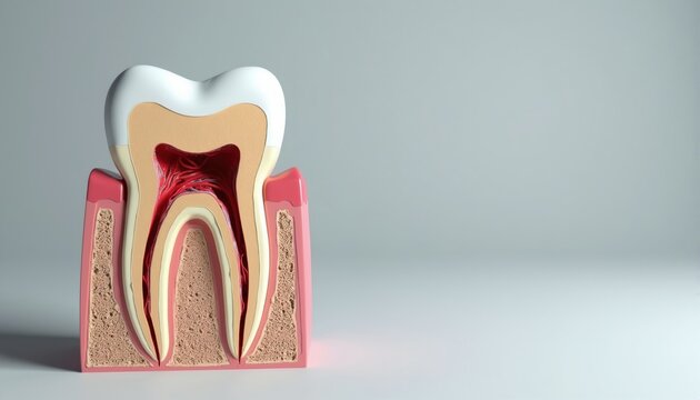 Tooth cross section showing enamel dentin pulp and root canals. Includes gum and jaw bone for complete dental anatomy. Scientific model for oral health education study.