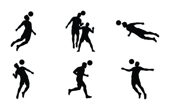 Soccer Player Silhouettes, Football Action Poses, Dynamic Headbutt and Kick Graphics, Sports Vector Icons for Athletic Design