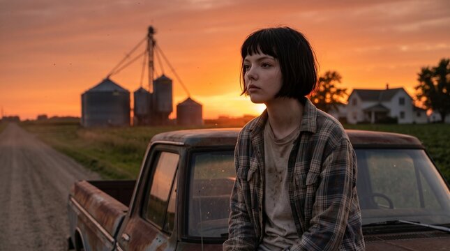 A woman sits atop a rusted truck at sunset, her distant gaze and the fading light acting as a metaphor for the closing of a chapter and the quiet endurance of the rural spirit.