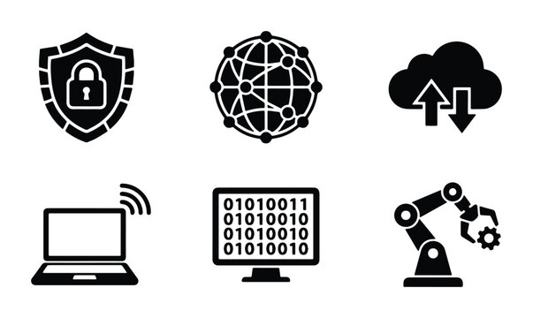 Technology Icons Set: Security Shield, Global Network, Cloud Data Transfer, Laptop, Binary Code Monitor, Robotic Arm. Digital Assets for Innovation and Connectivity.