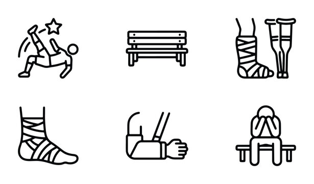 Sports Injury Icons: Soccer Player, Bandaged Leg, Crutches, Arm Cast, Bench, Sad Person Sitting. Medical Accident Line Art Set.