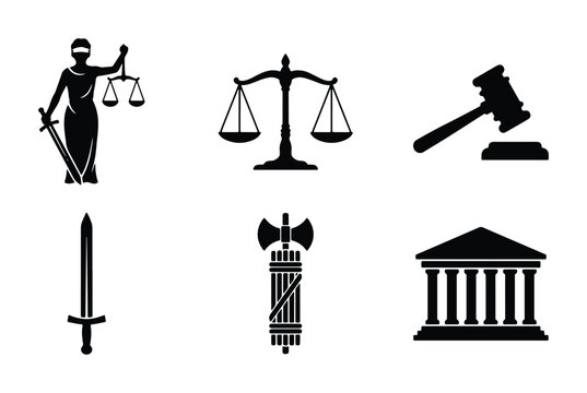 Justice Icons Set: Lady Justice, Scales of Justice, Gavel, Sword, Fasces, Courthouse Building Vector Graphics for Legal Concepts