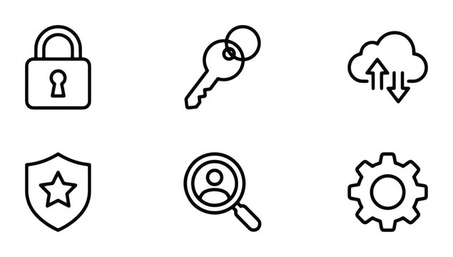 vector set of six security-related icons including lock key shield with star magnifying glass gear cloud upload arrow