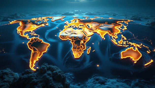 Glowing world map with golden tectonic lines under deep blue ocean. Illustrates geological formations, ancient earth mysteries, and sci-fi exploration themes.