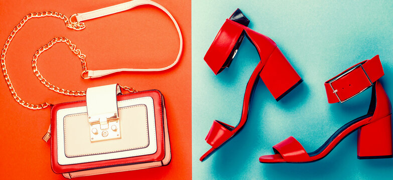 Bag, sandals. Ladies bag and stylish red shoes. Stylish red women's leather sandals shoes. Summery sandals for a woman