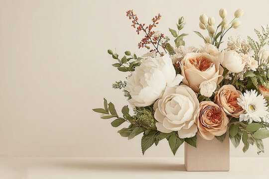 Blank Frame Mockup on Neutral Beige Wall with Floral Arrangement, Minimal Wall Art Display with Copy Space