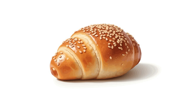 Freshly baked sesame seed croissant on white background, delicious breakfast pastry, closeup view of golden brown flaky crust