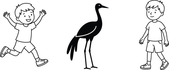 Obraz premium Kids with bird silhouette, playful children characters and animal, cartoon line art coloring page vector illustration set