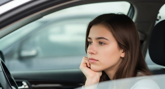 Teen girl sitting in car looking worried or bored with hand on chin