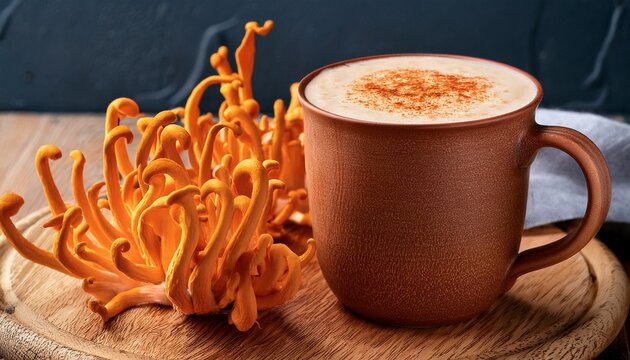 healthy cordyceps mushroom latte in ceramic mug