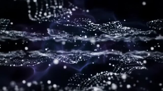Ethereal white particles gently drift through a deep cosmic void with subtle violet nebula, a slow wide-angle dolly video emphasizes immense scale, a dreamlike meditative visual.