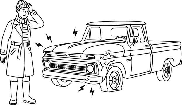 Flat tire car breakdown scene with worried driver, road emergency concept, black and white line art vector illustration