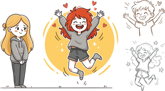 Happy girl jumping with joy, cute cartoon character emotions set, playful kids illustration in colorful and line art style