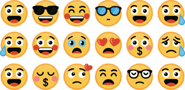 emoji pack yellow circular faces with diverse emotions