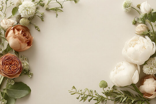Blank Frame Mockup on Neutral Beige Wall with Floral Arrangement, Minimal Wall Art Display with Copy Space