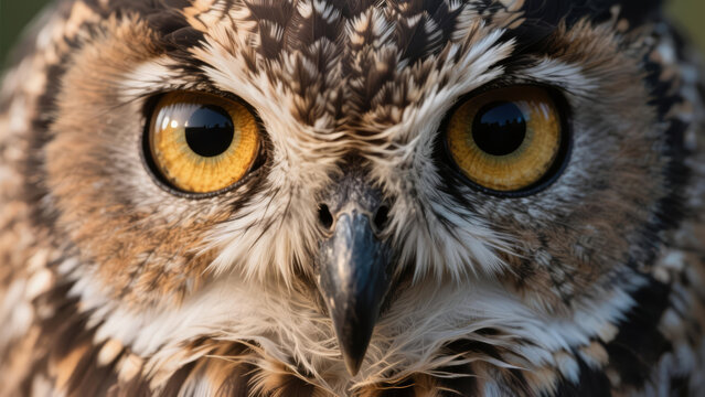 Extreme close up portrait of an owl face with piercing yellow eyes and textured feathers