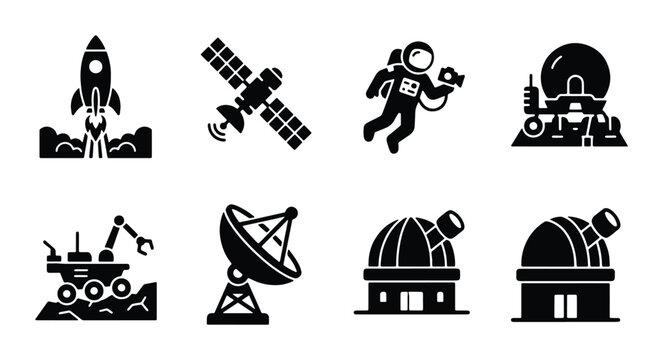 vector set of space exploration and astronomy symbols including rocket launchers satellites telescopes and observatories