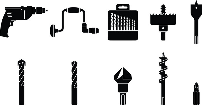 Drill bits and woodworking tools icons set, black silhouette vector collection with power drill, auger, spade bit, hole saw, hardware elements isolated on white
