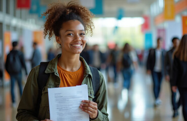 Obraz premium Young woman holds papers at school career fair. Smiles, looking ready for job opportunities. Blurred background shows diverse students, recruiters interacting. Scene represents hopeful future.