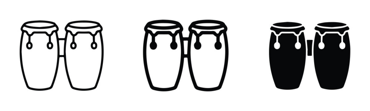 black and white outline silhouette set of three conga drums on transparent background