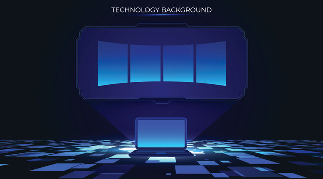 Futuristic Laptop computer featuring a holographic projection of a dashboard panel with four option windows. Luminous 3D effects, futuristic design, cyber sci-fi aesthetic.  UI concepts and AI visuals