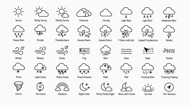 Collection of hand-drawn weather icons and symbols with partly cloudy clear sky white background forecast meteorology thunderstorm lightning hurricane temperature humidity precipitation