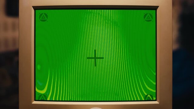 Retro pc computer gaming, Desktop vintage with loading code console, programmer making scripts, green basic screen, Old computer studio close-up, retro wave display, late 90s PC.