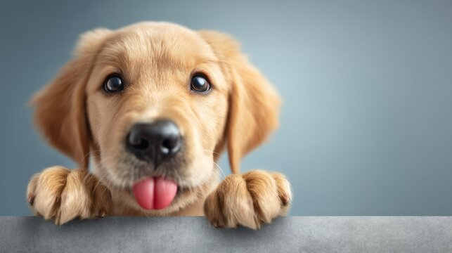 Adorable Golden Retriever Puppy Peeking Over a Solid Surface with Curiosity