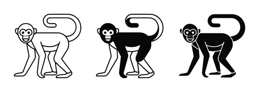 simple black and white vector icons of three monkeys in different poses