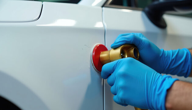 Hands with blue gloves use golden tool to repair dent on white car door panel. Professional auto body work closeup. Careful fixing of vehicle damage for restoration.