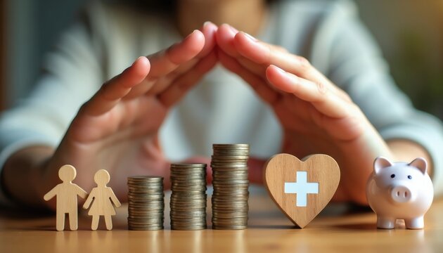 Woman shields wooden figures of family, stacks of coins, heart with cross, and piggy bank. Represents financial security and health plan for future.
