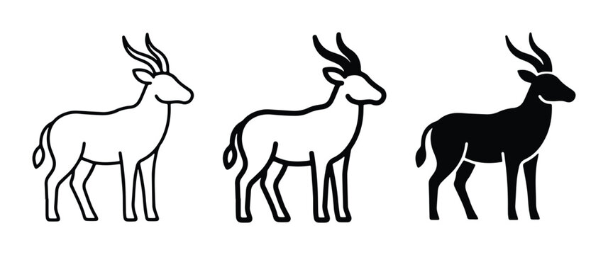 set of three deer silhouettes in black and white with solid fill on isolated background
