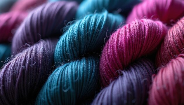 Colorful yarn strands intertwine creating rich texture. Various shades of magenta blue and violet fibers twist together. A tactile background for crafts and textile art.