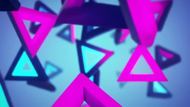 Luminous, sharp-edged geometric triangles in magenta, cerulean, teal rotate and shift over a lavender-aqua gradient. Mesmerizing high-tech abstract concept