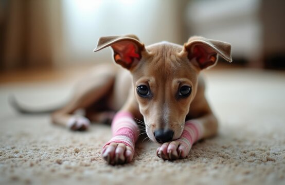 Small puppy with pink bandages on front legs rests on carpet. Adorable dog recovers after injury or surgery. Cute pet needs home care and attention.