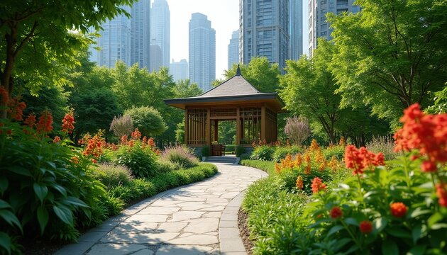 Stone path winds through rich city garden with colorful flowers and trees. Wooden gazebo sits amid plants. Tall buildings rise in background.