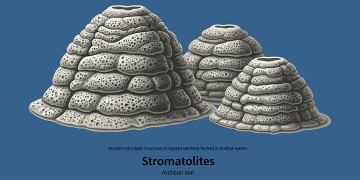 Stromatolites ancient microbial structures layered sediment shallow waters archean eon geology.