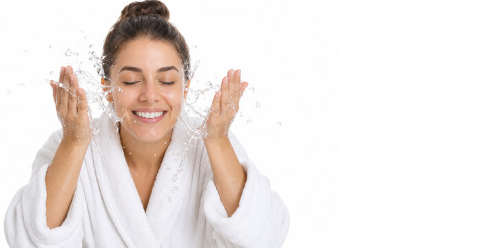Beautiful young woman washing face with water wearing white bath robe isolated on white with copy space