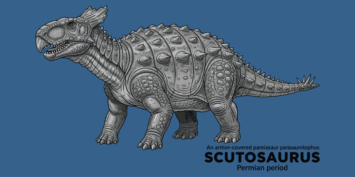 Scutosaurus an armor-covered pareiasaur parasaurolophus permian period dinosaur illustration.