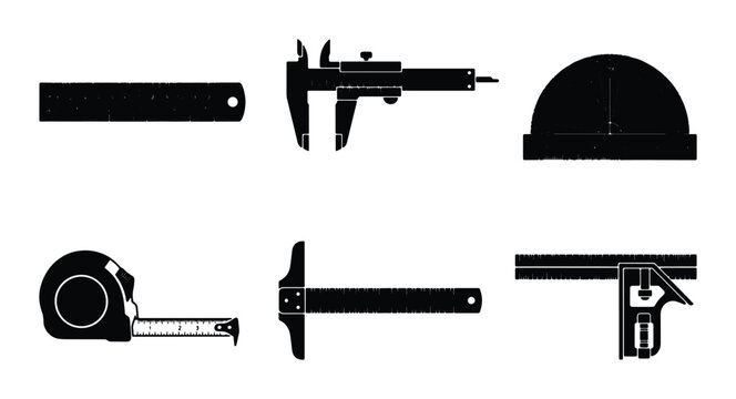 measuring tape caliper ruler protractor level angle finder in black and white silhouette set on white background