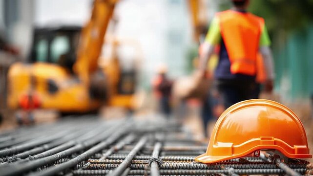 Construction Site Focus: A close-up shot of an orange hard hat resting atop a grid of steel rebar on a construction site, with a worker and heavy machinery blurred in the background.
