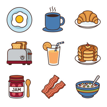 A collection of nine colorful breakfast food and drink icons including egg, coffee, croissant, toast, juice, pancakes, jam, bacon, and cereal.