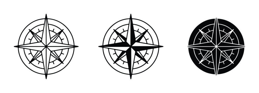 Compass Rose Vector Icons, Nautical Navigation Symbols, Wind Rose Designs for Travel and Exploration Graphics