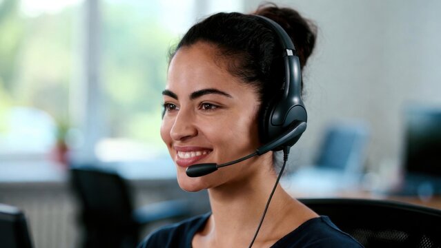 Young woman smiles warmly while wearing headset