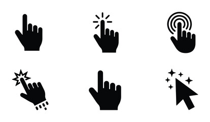 Fototapeta premium Set of Six Black Hand Cursor Icons, Digital Pointer Clicks, Interactive Website Navigation Elements, User Interface Symbols